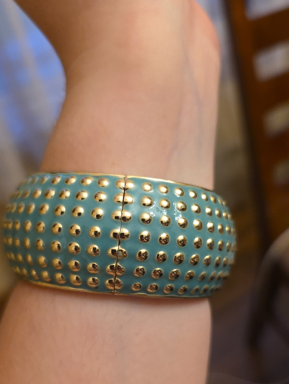 Teal and Gold Dot Clamper Bracelet - Picture 2 of 2